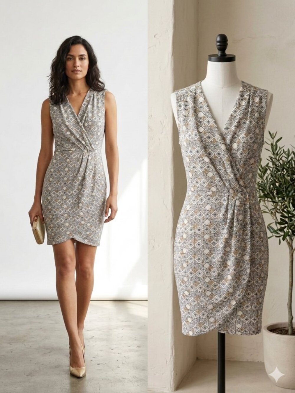 H&M Geometric Tile Faux Wrap Sleeveless Sheath Midi Dress - Size 4